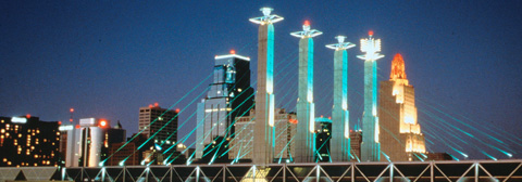 The Kansas City Convention Center (Bartle Hall) is topped with four dramatic sculptures, "Sky Stations/Pylon Caps"
